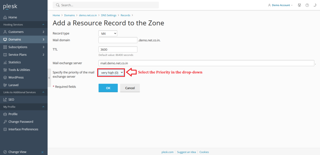 8. Select the priority in the drop down