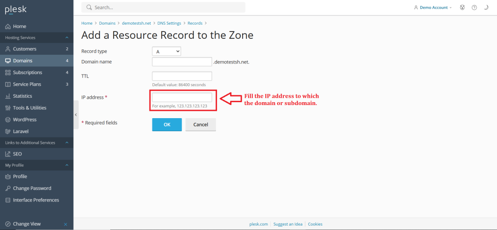 8.Fill the IP address to which the domain or subdomain.