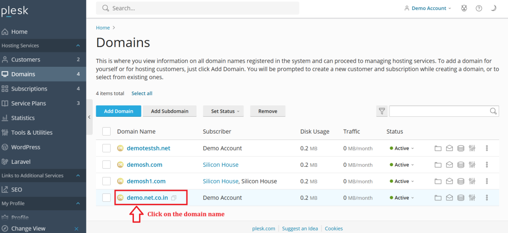 2.Click on domain name