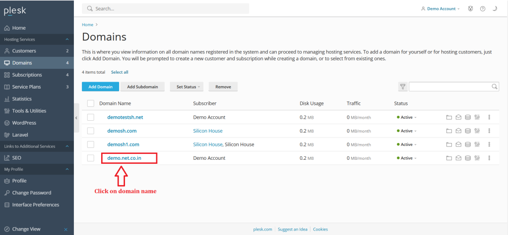 2.Click on the domain name in which you want to change mail settings for domain