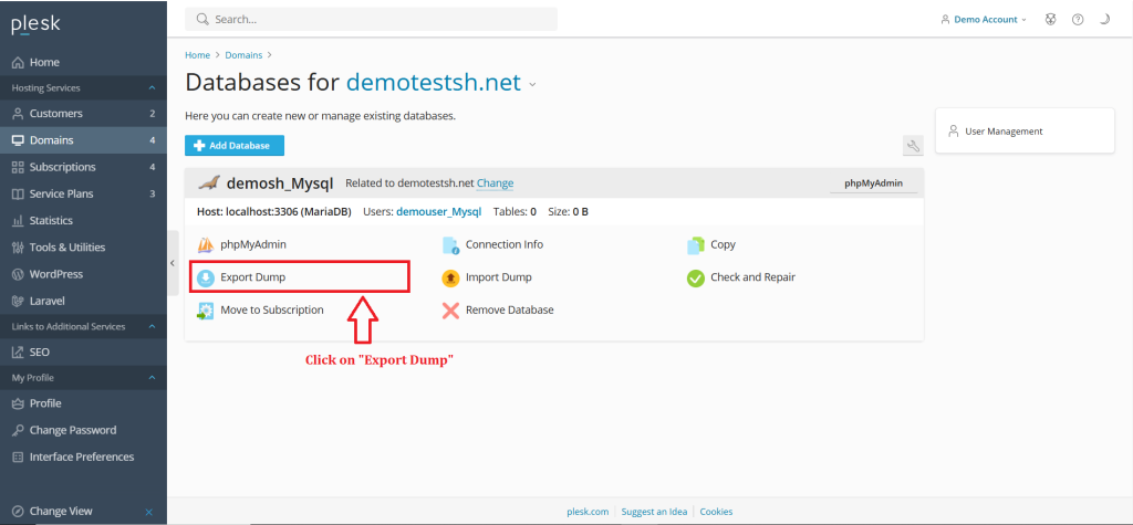 4.Click on Export Dump