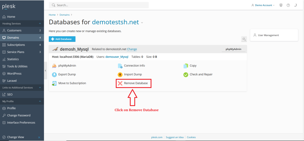 4.Click on Remove Database