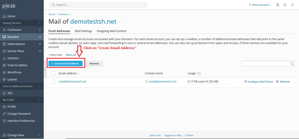 5.Click on Create Email Address