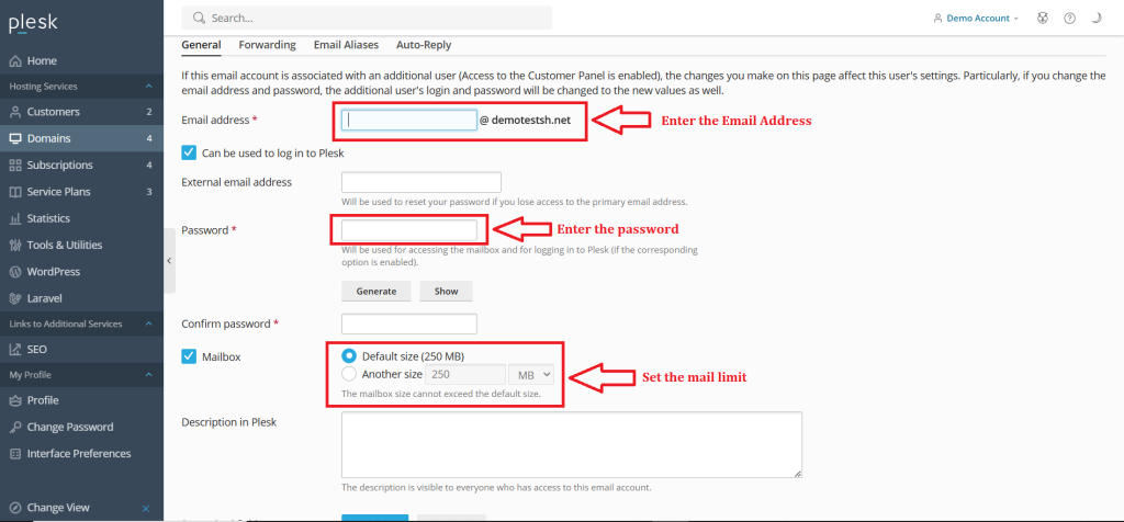 6.Enter the details to create a email Account ( Like email address, password, set limit for mail)