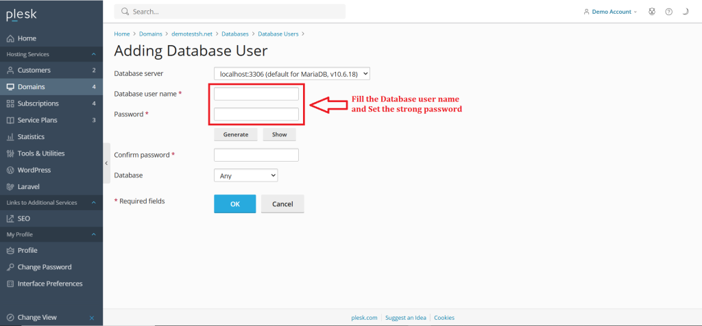 6.Fill the Database user name and Set the strong password