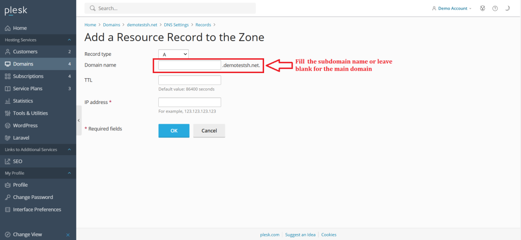 7.Fill the subdomain name or leave blank for the main domain